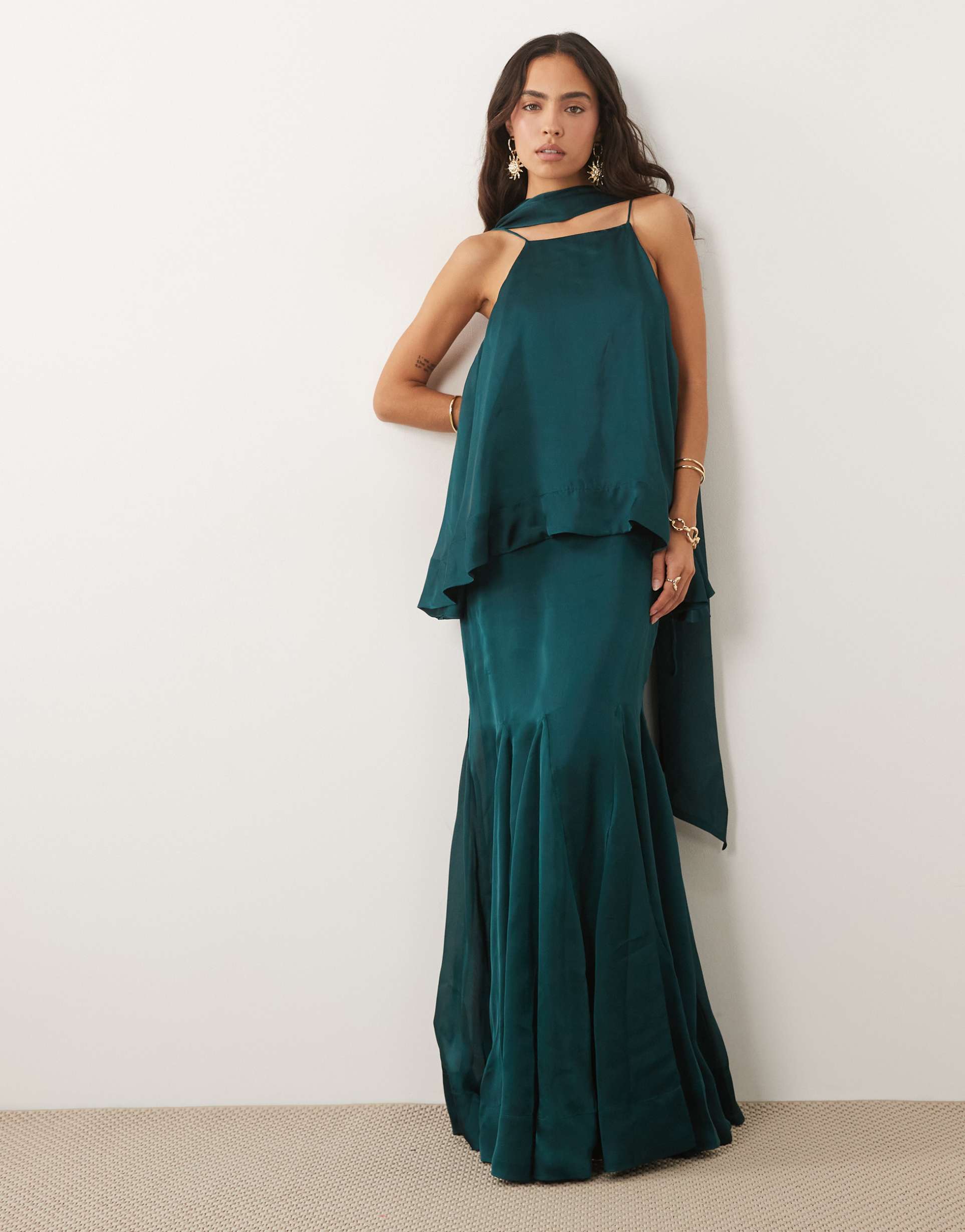 asos design layered tiered cami maxi dress with scarf detail in teal