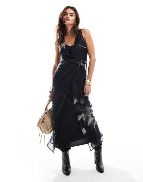 ASOS DESIGN layered wrap over chiffon midi dress in smoke print - view 1