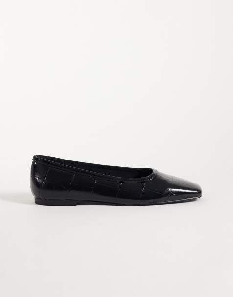ASOS DESIGN Layla baleriny z kwadratowymi noskami w czarny wzór krokodyla - view 1