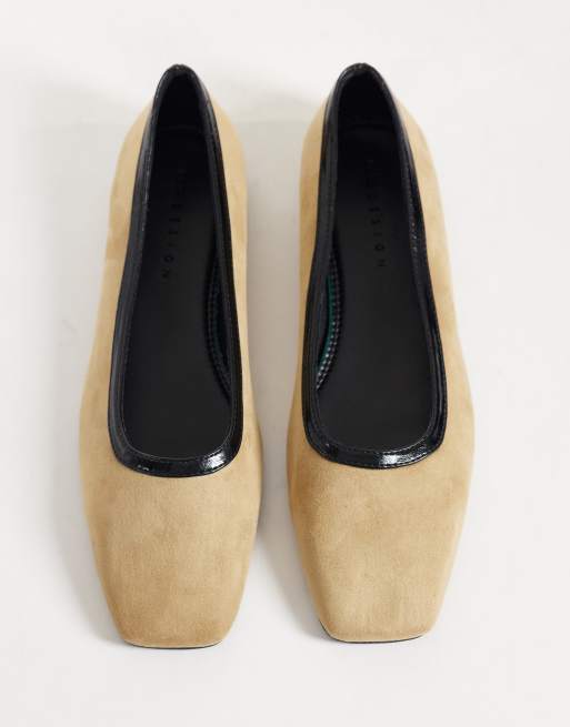 ASOS DESIGN Layla Ballerinas mit eckiger Spitze in Sand aus Velourslederimitat und Schwarz, 2 von 4