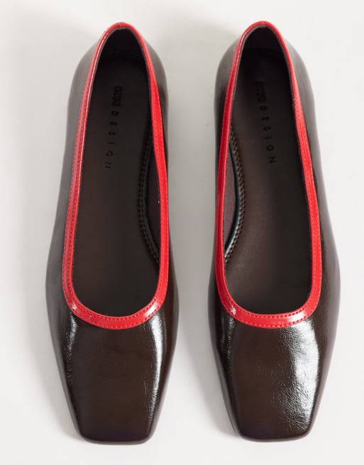 ASOS DESIGN Layla ballerine a punta squadrata in cioccolato e rosso, 2 di 4