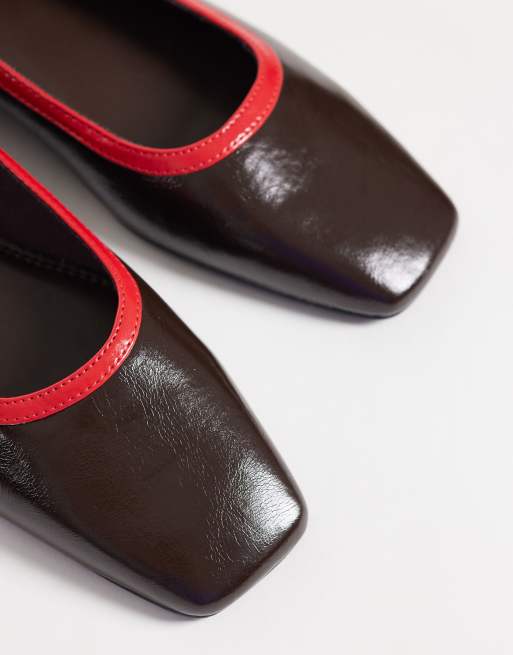 ASOS DESIGN Layla ballerine a punta squadrata in cioccolato e rosso, 4 di 4
