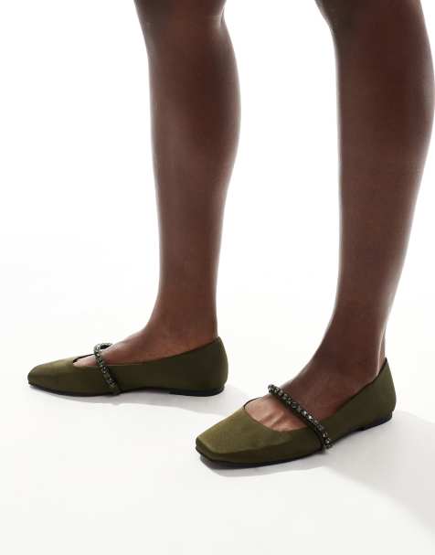 ASOS DESIGN Layla embellished mary jane ballet in olive - view 1