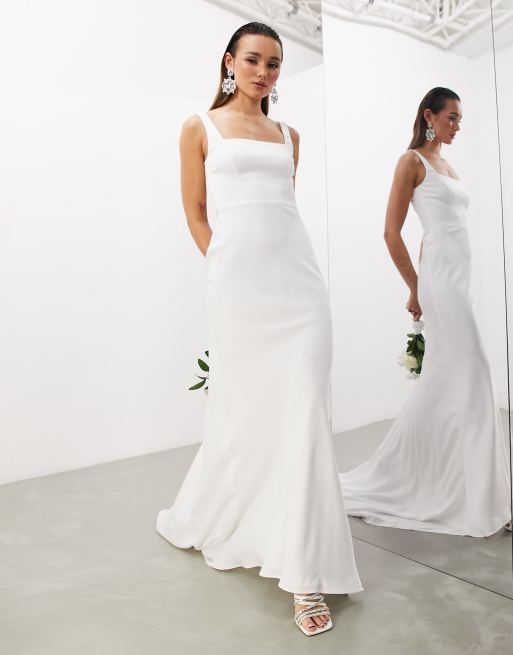 ASOS DESIGN Layne satin square neck wedding dress with train in