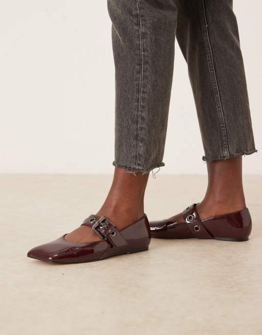 ASOS DESIGN Lazarus angular toe mary jane ballets in burgundy