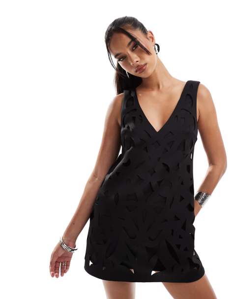 ASOS DESIGN lazer cut artwork structured mini dress in black - view 1