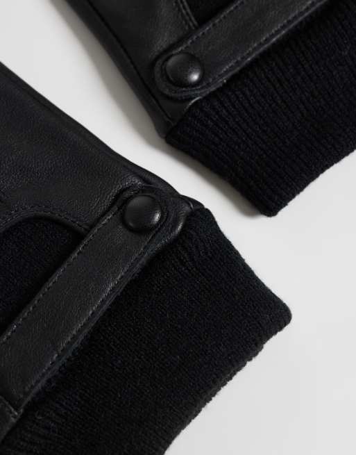 ASOS DESIGN læderhandsker med ribstrikkede manchetter i sort, 3 af 3