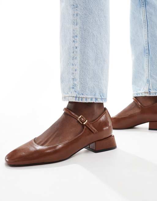 ASOS DESIGN Lead heeled mary jane ballet shoes in brown