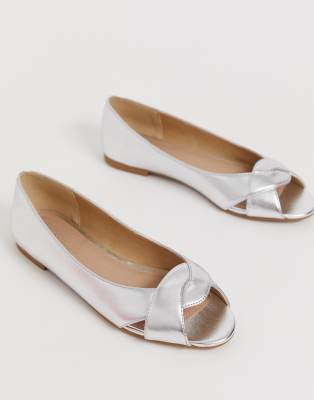 silver flat peep toe shoes