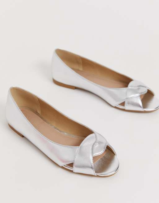 ASOS DESIGN Leadership peeptoe ballet flats in silver