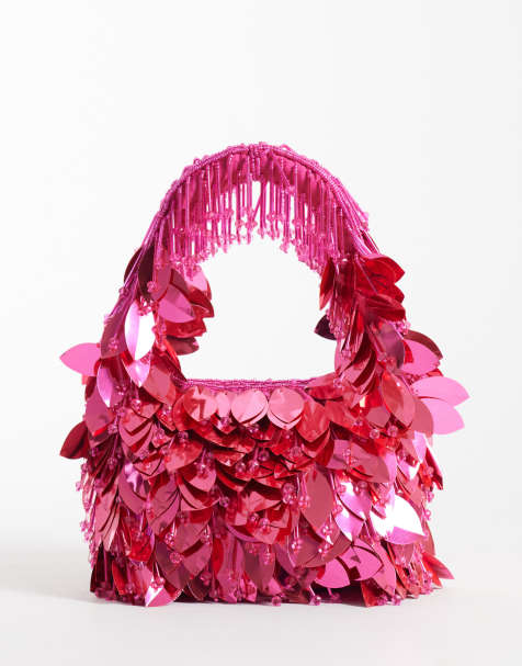 ASOS DESIGN leaf embellished clutch bag in bright pink - view 1