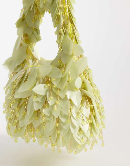 ASOS DESIGN leaf embellished clutch purse in yellow, 4 of 4