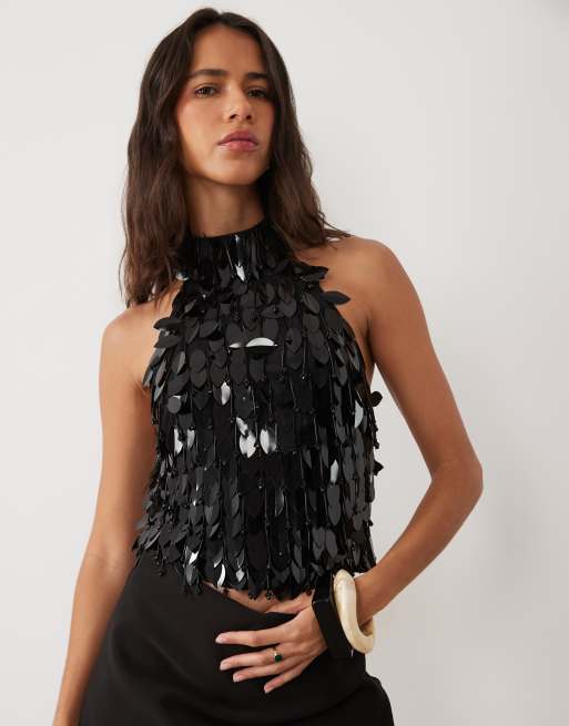 ASOS DESIGN leaf embellished halter top in black, 4 of 5
