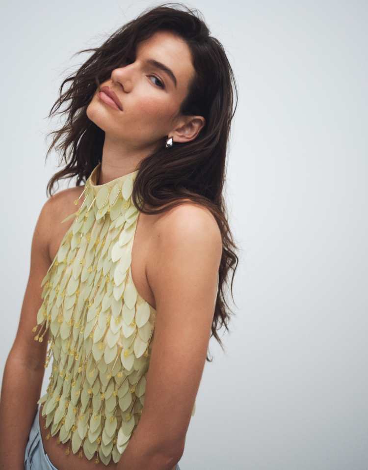 ASOS ASOS DESIGN leaf embellished halter top in yellow | ASOS