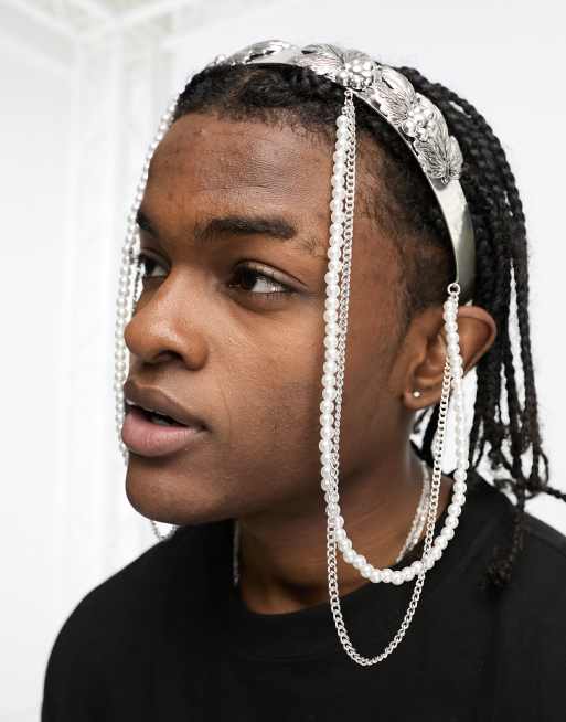 ASOS DESIGN leaf head crown with faux pearl and chain details in silver tone , 2 of 4