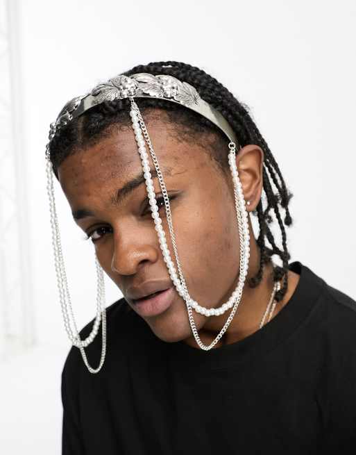 ASOS DESIGN leaf head crown with faux pearl and chain details in silver tone , 4 of 4