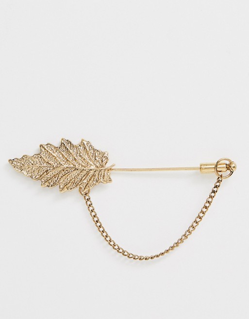 ASOS DESIGN leaf lapel pin in burnished gold tone