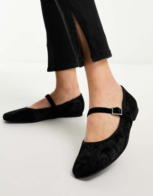 ASOS DESIGN League velvet mary jane ballet flats in black
