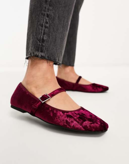 ASOS DESIGN League velvet Mary jane ballet flats in burgundy | ASOS