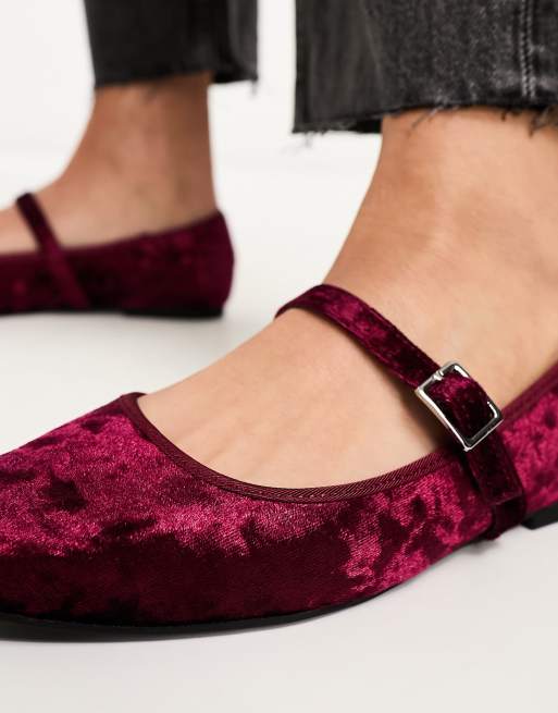 ASOS DESIGN League velvet Mary jane ballet shoes in burgundy ASOS