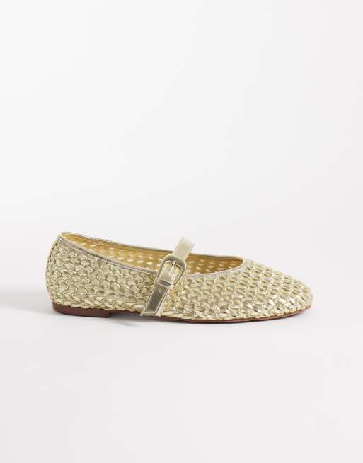 ASOS DESIGN - Leah - Ballerine Mary Jane intrecciate color oro a pianta larga, 1 di 4