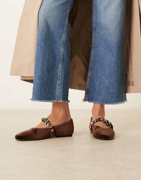 ASOS DESIGN Leah embellished mary jane ballets in brown velvet - view 1