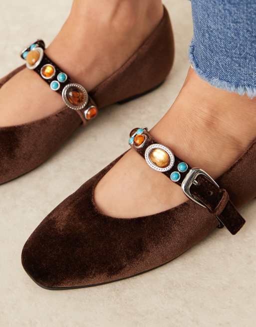 ASOS DESIGN Leah embellished Mary Jane ballets in brown velvet