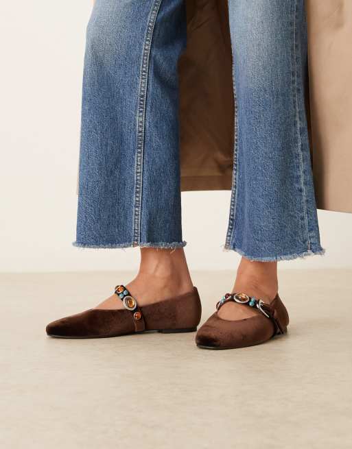 ASOS DESIGN Leah embellished Mary Jane ballets in brown velvet