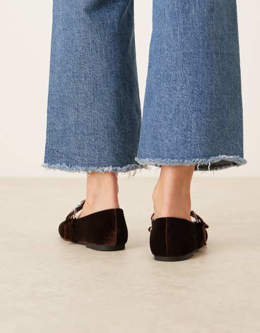 ASOS DESIGN Leah embellished Mary Jane ballets in brown velvet