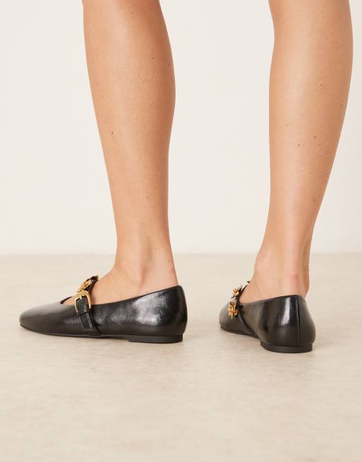 ASOS DESIGN Leah flower trim mary jane ballet flats in black