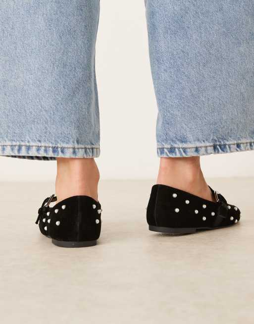 ASOS DESIGN – Leah – Mary-Jane-Ballerinas in Schwarz aus Samt mit Perlenverzierung, 3 von 4