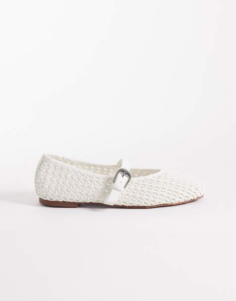 ASOS DESIGN - Leah - Mary Jane ballerina's met geweven detail en brede pasvorm in wit - view 1