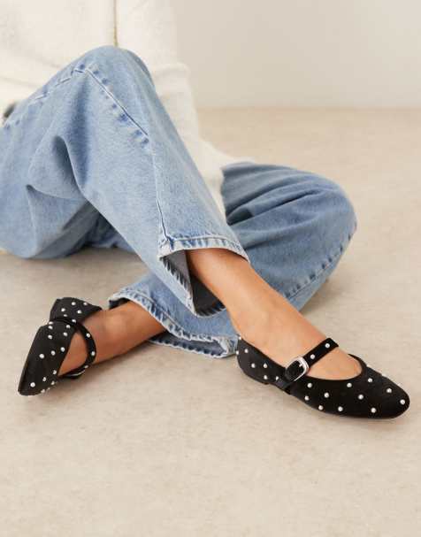 ASOS DESIGN Leah pearl detail mary jane ballet flats in black velvet - view 1