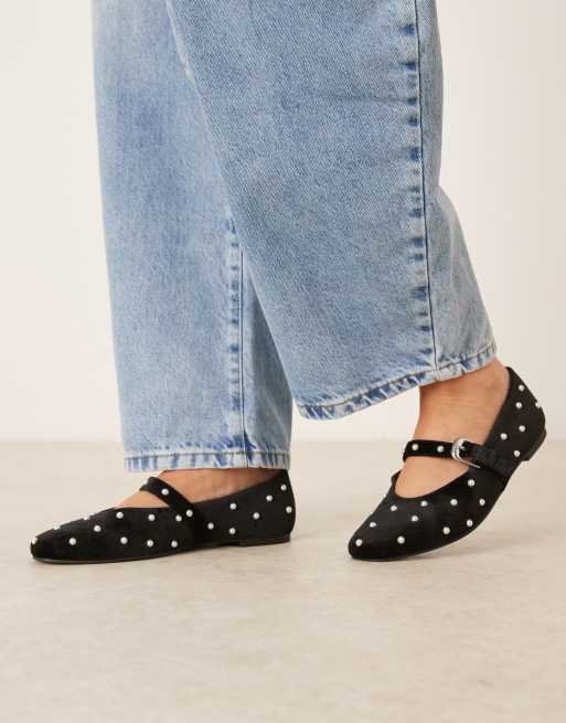 ASOS DESIGN Leah pearl detail mary jane ballet flats in black velvet
