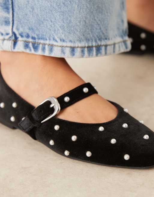 ASOS DESIGN Leah pearl detail mary jane ballet flats in black velvet