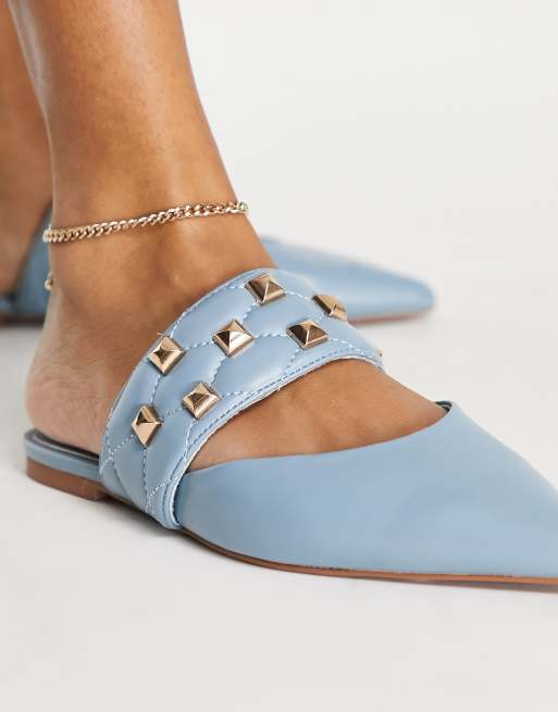 ASOS DESIGN Leah Spitze Ballerina Mules in Blau mit Nietenbesatz ASOS