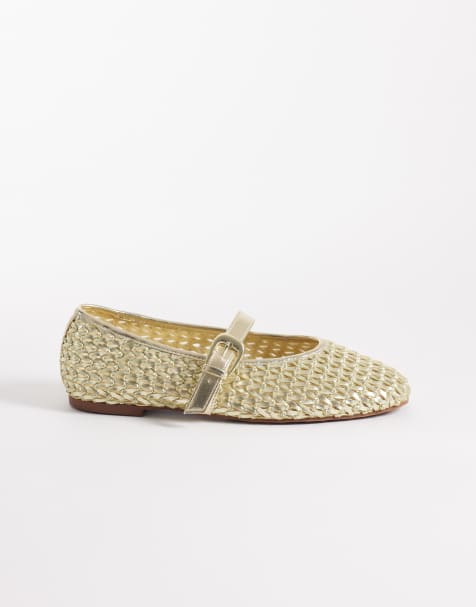 ASOS DESIGN Leah weave mary jane ballets in gold - view 1