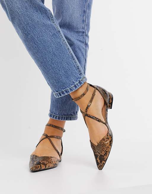 ASOS DESIGN Leanna pointed ballet flats in brown snake | ASOS
