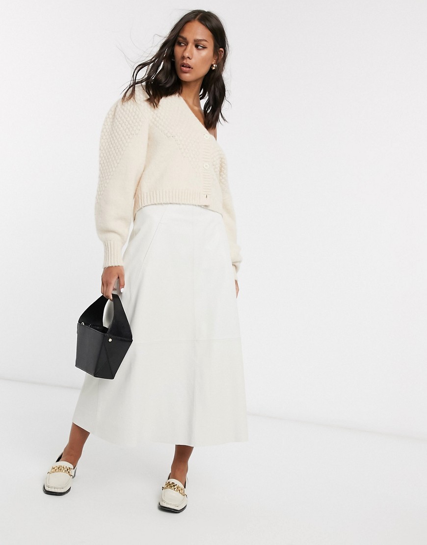 ASOS DESIGN leather A-line midi skirt with seam detail in stone-Beige