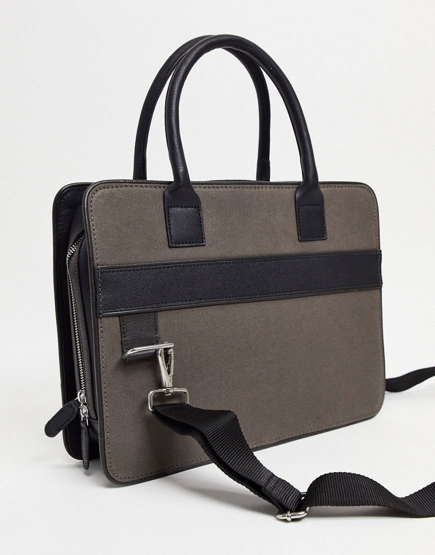 ASOS DESIGN leather and canvas briefcase satchel in charcoal and black