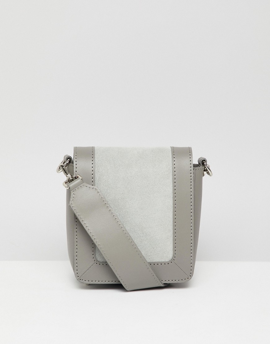 ASOS DESIGN leather and suede mix square shoulder bag-Grey