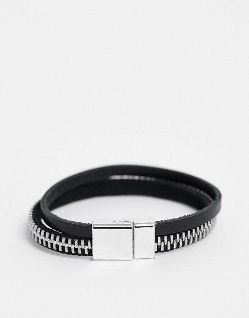 ASOS DESIGN leather and zip bracelet in black and silver tone