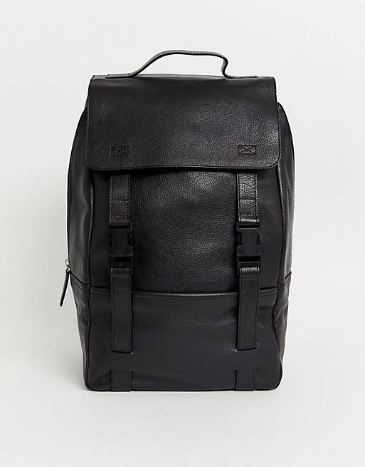 ASOS DESIGN leather backpack in black with double straps and clip ...
