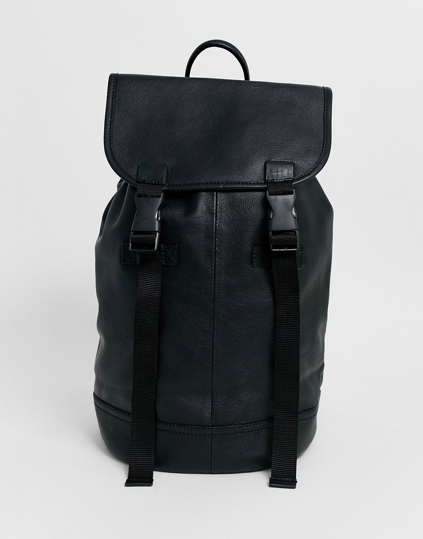 ASOS DESIGN leather backpack in black with double straps and matte black buckles