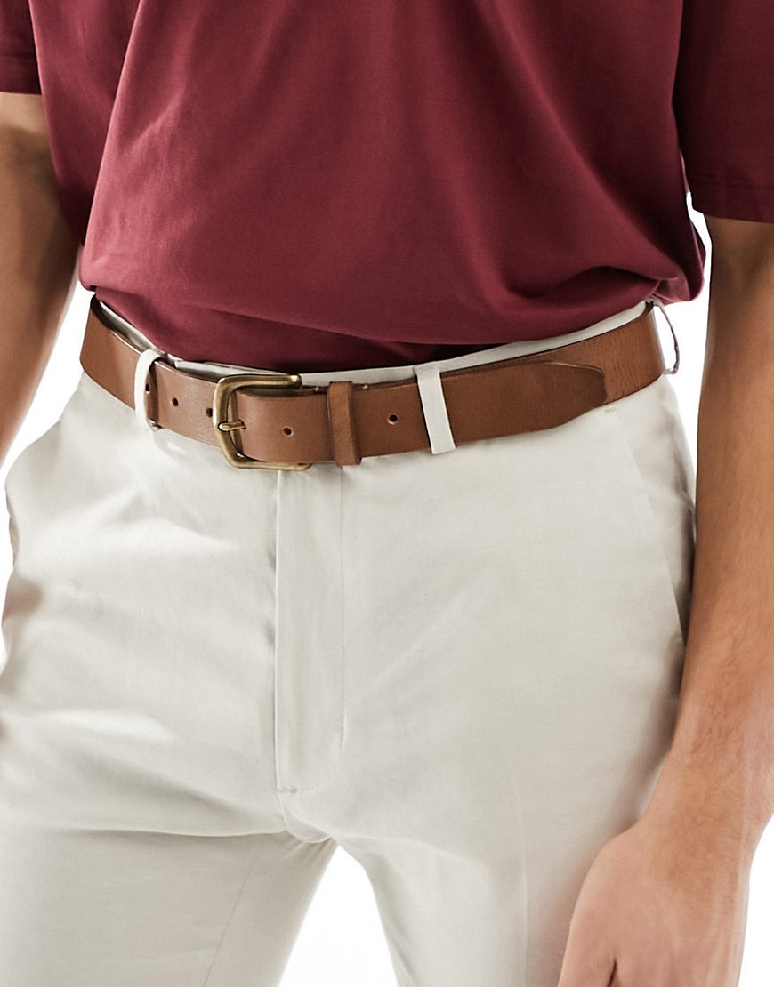 ASOS DESIGN leather belt with burnished gold buckle in vintage brown