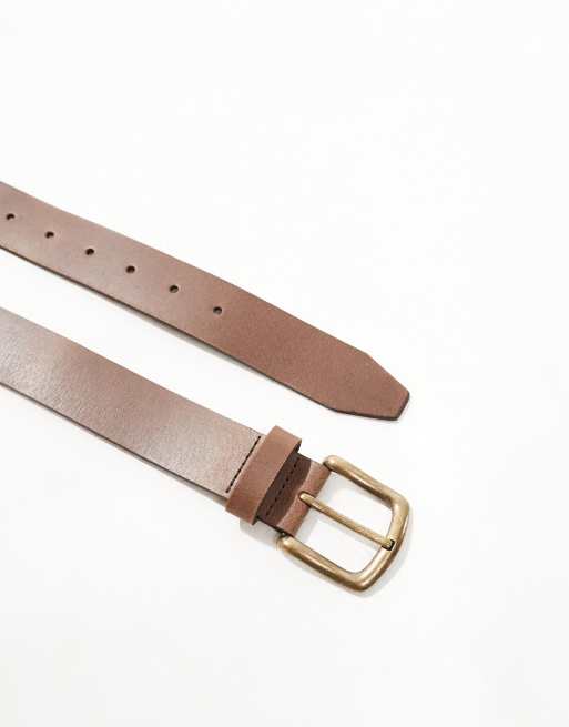 ASOS DESIGN leather belt with burnished gold buckle in vintage brown ASOS