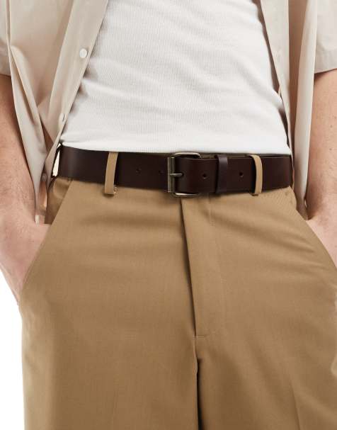 ASOS DESIGN leather belt with burnished gold hardware in brown - view 1