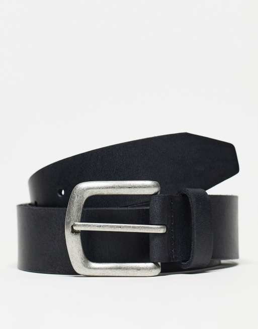 ASOS DESIGN leather belt with burnished silver buckle in vintage black