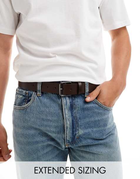 ASOS DESIGN leather belt with gunmetal roller buckle in brown - view 1