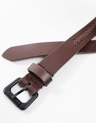 ASOS DESIGN leather belt with weave detail in brown